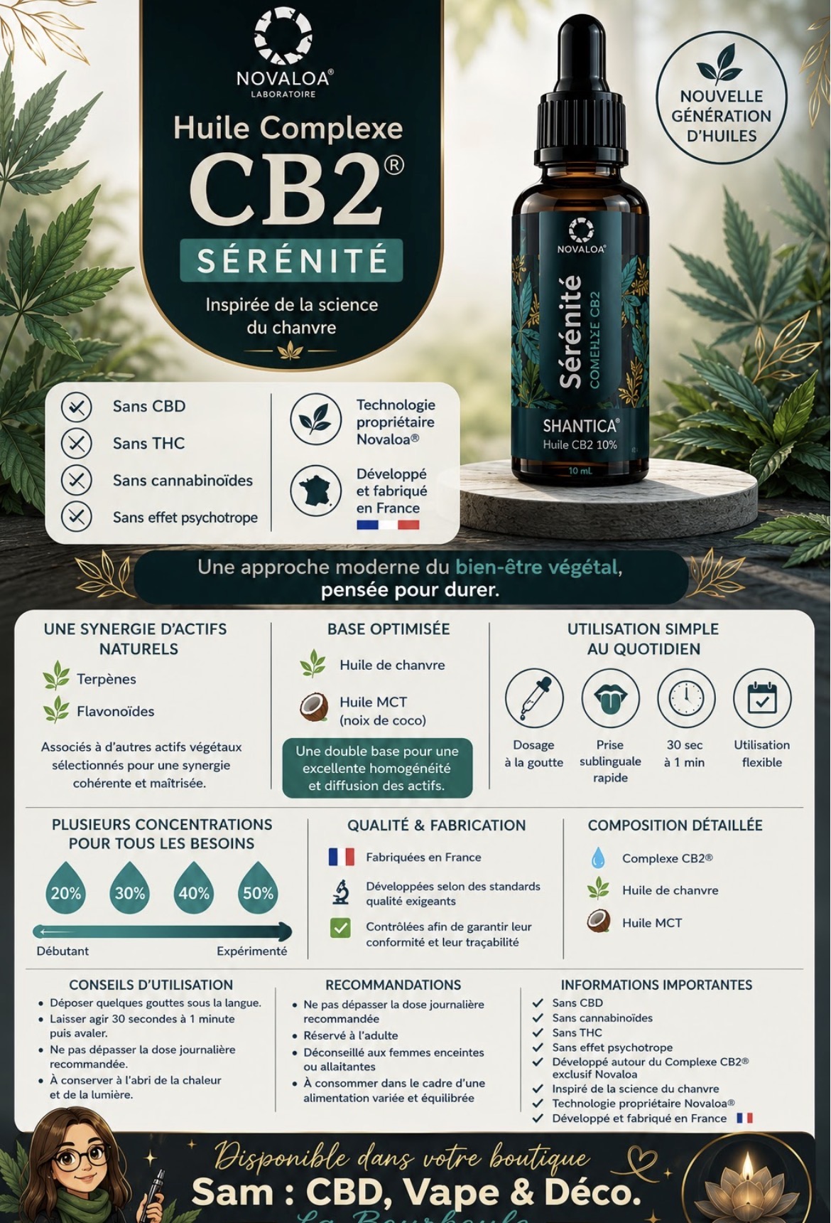 Huile Sérénité CB2 — Shantica · 10 ml · CBD bien-être, magasin de La Bourboule 63150