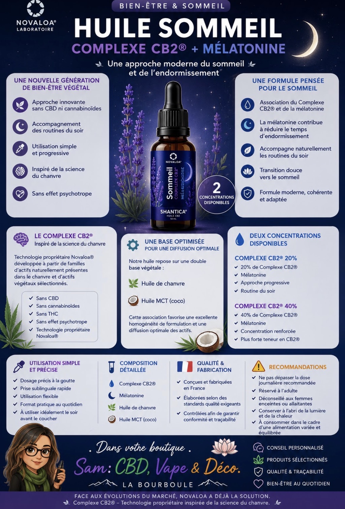 Huile Sommeil CB2 — Complexe CB2 + mélatonine · 10 ml · CBD bien-être, magasin de La Bourboule 63150
