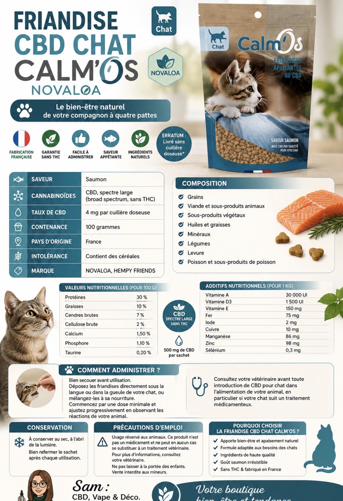 Friandises CBD pour chat — Calm'Os · Novaloa · Saveur saumon · CBD bien-être, magasin de La Bourboule 63150