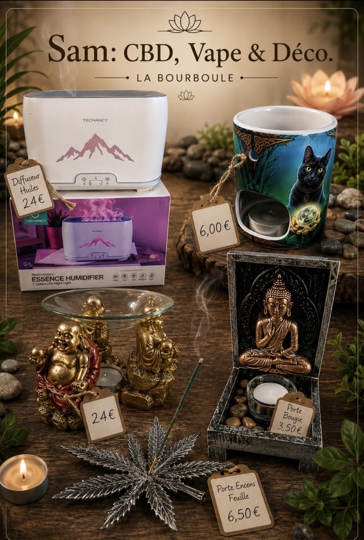 Diffuseur d'huiles, brûle-parfum, bouddhas et porte-encens feuille — déco zen chez Sam CBD Vape & Déco