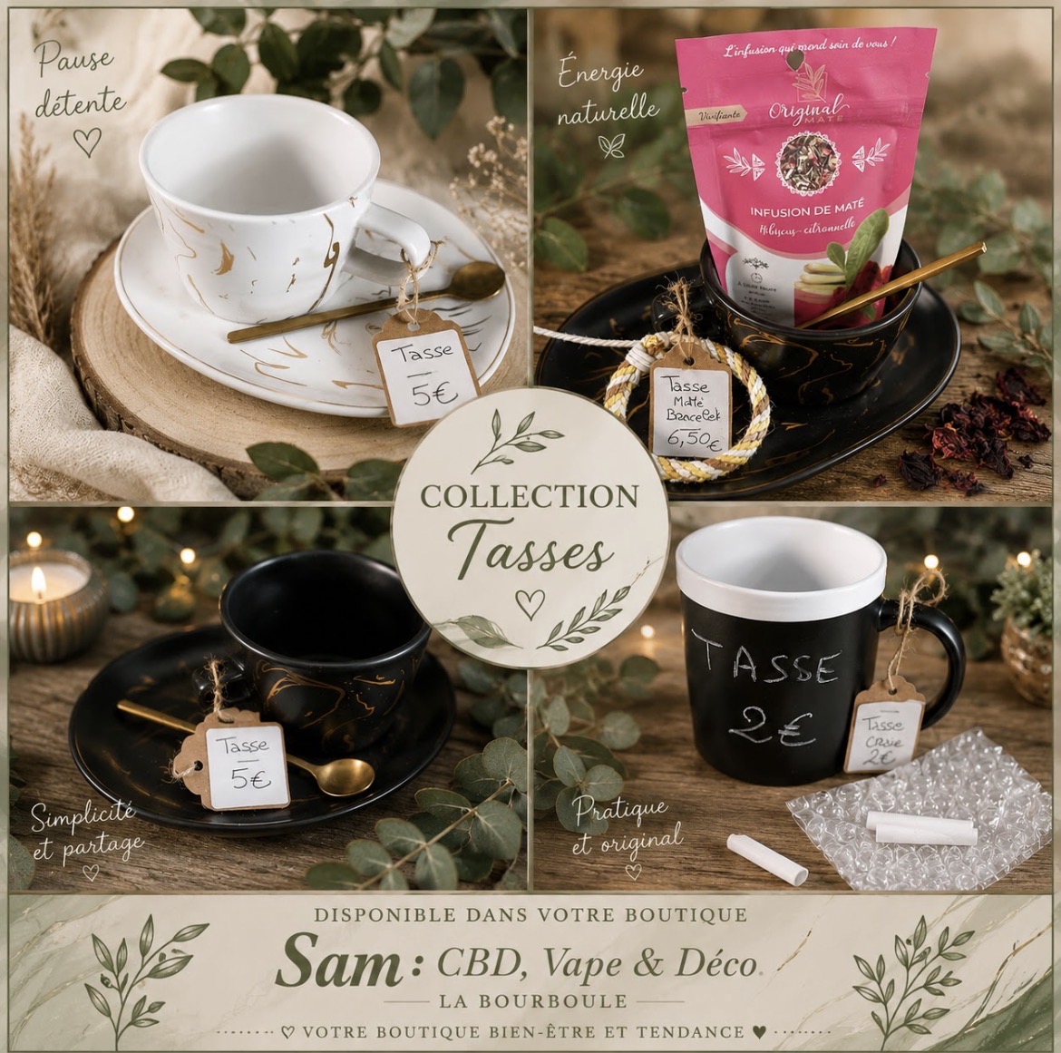 Collection Tasses — tasses marbrées, mug ardoise et infusion de maté, déco bien-être à La Bourboule