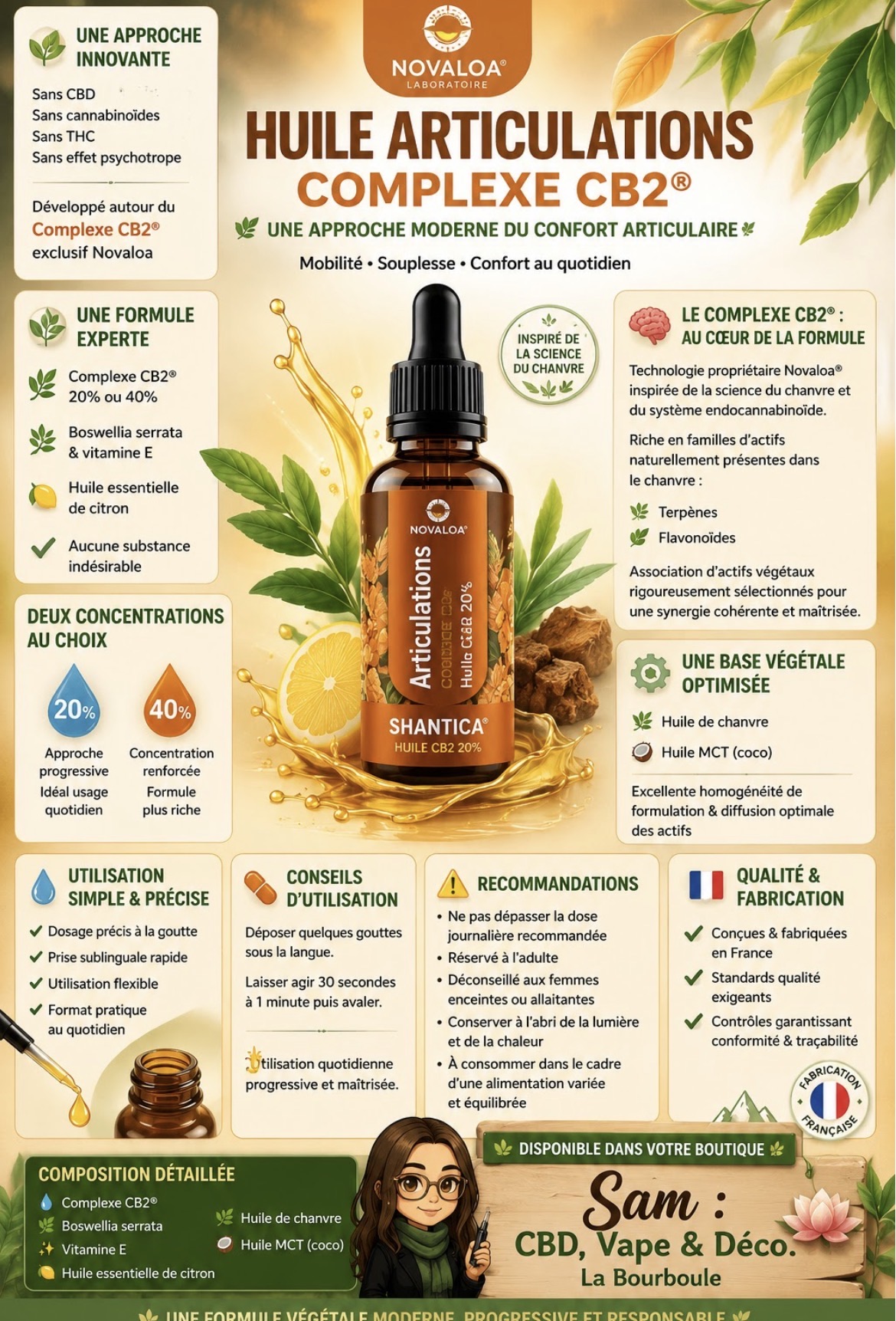 Huile Articulations CB2 — Boswellia, vitamine E & citron · CBD bien-être, magasin de La Bourboule 63150