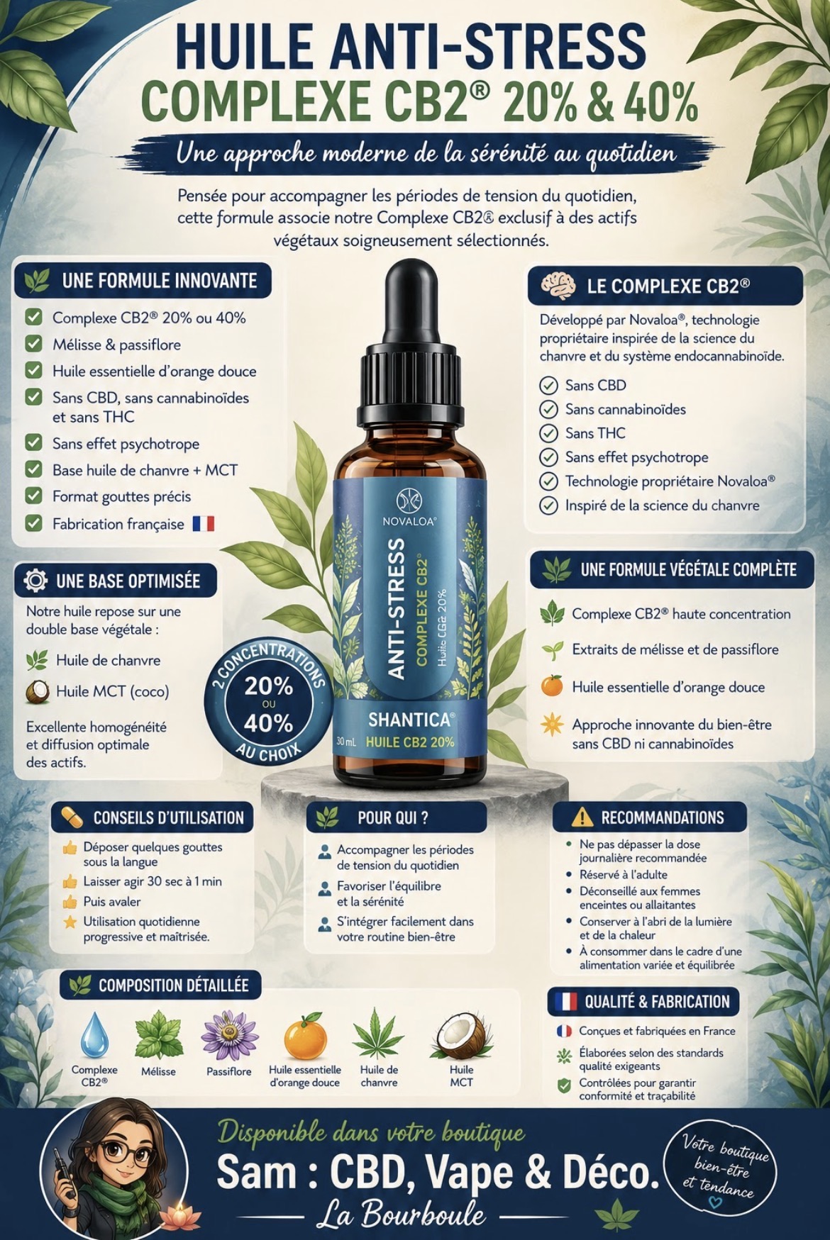Huile Anti-Stress CB2 — Mélisse, passiflore & orange douce · CBD bien-être, magasin de La Bourboule 63150
