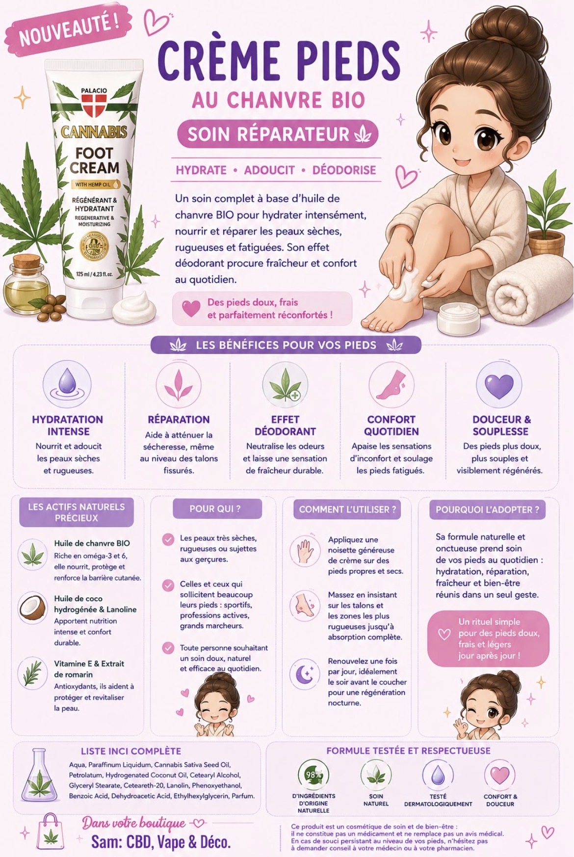 Crème Pieds — Au chanvre BIO · Soin réparateur · CBD bien-être, magasin de La Bourboule 63150