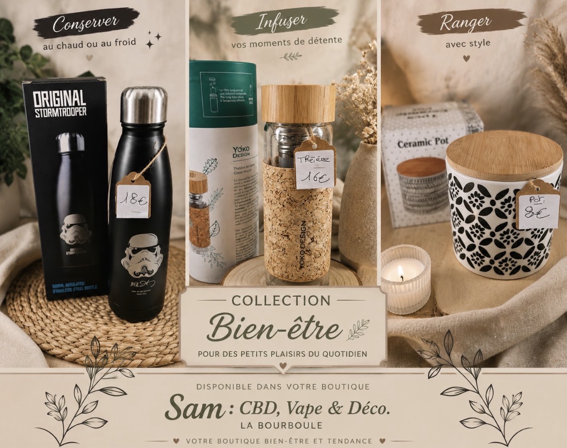 Collection Bien-être — gourde isotherme, théière en verre et pot céramique, boutique déco 63150