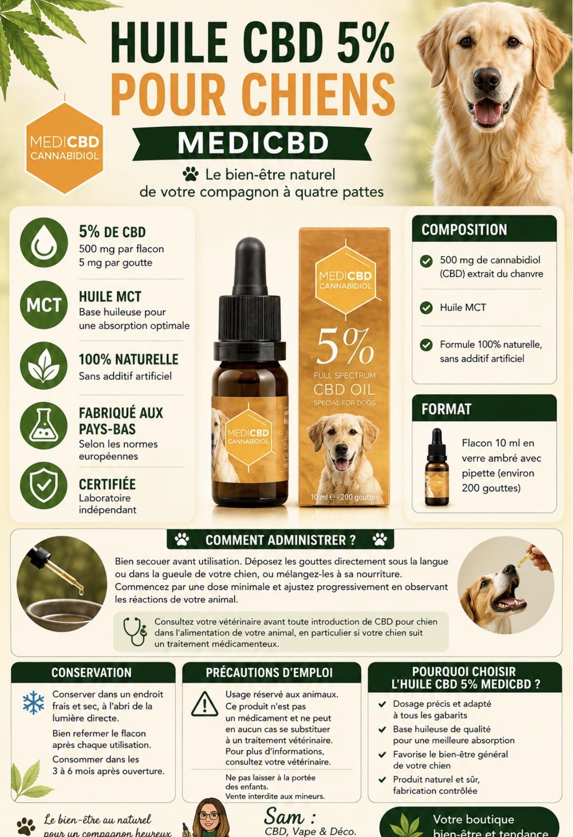 Huile CBD 5 % pour chiens — MediCBD · Flacon 10 ml · CBD bien-être, magasin de La Bourboule 63150