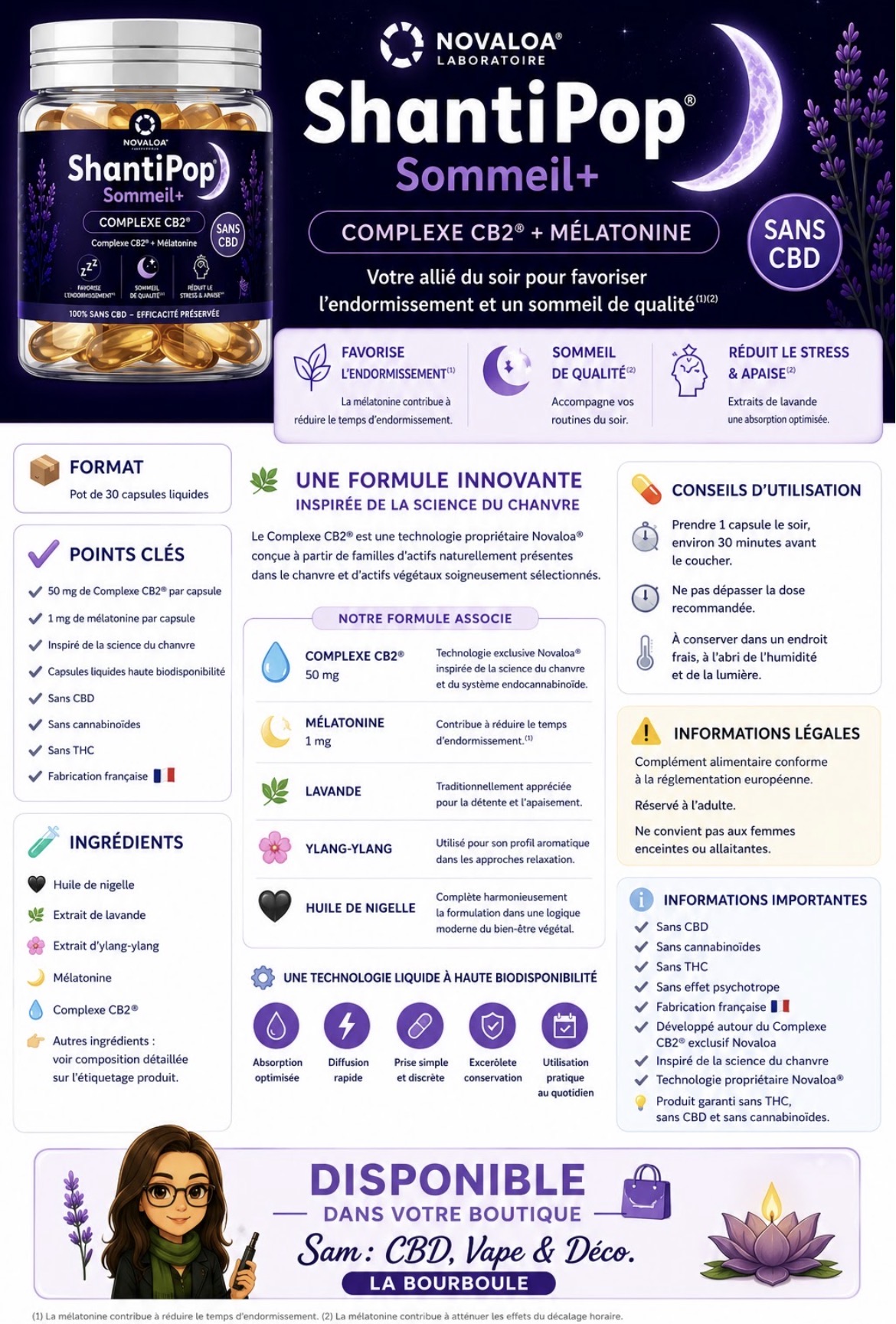 ShantiPop Sommeil+ — Complexe CB2 + mélatonine · CBD bien-être, magasin de La Bourboule 63150