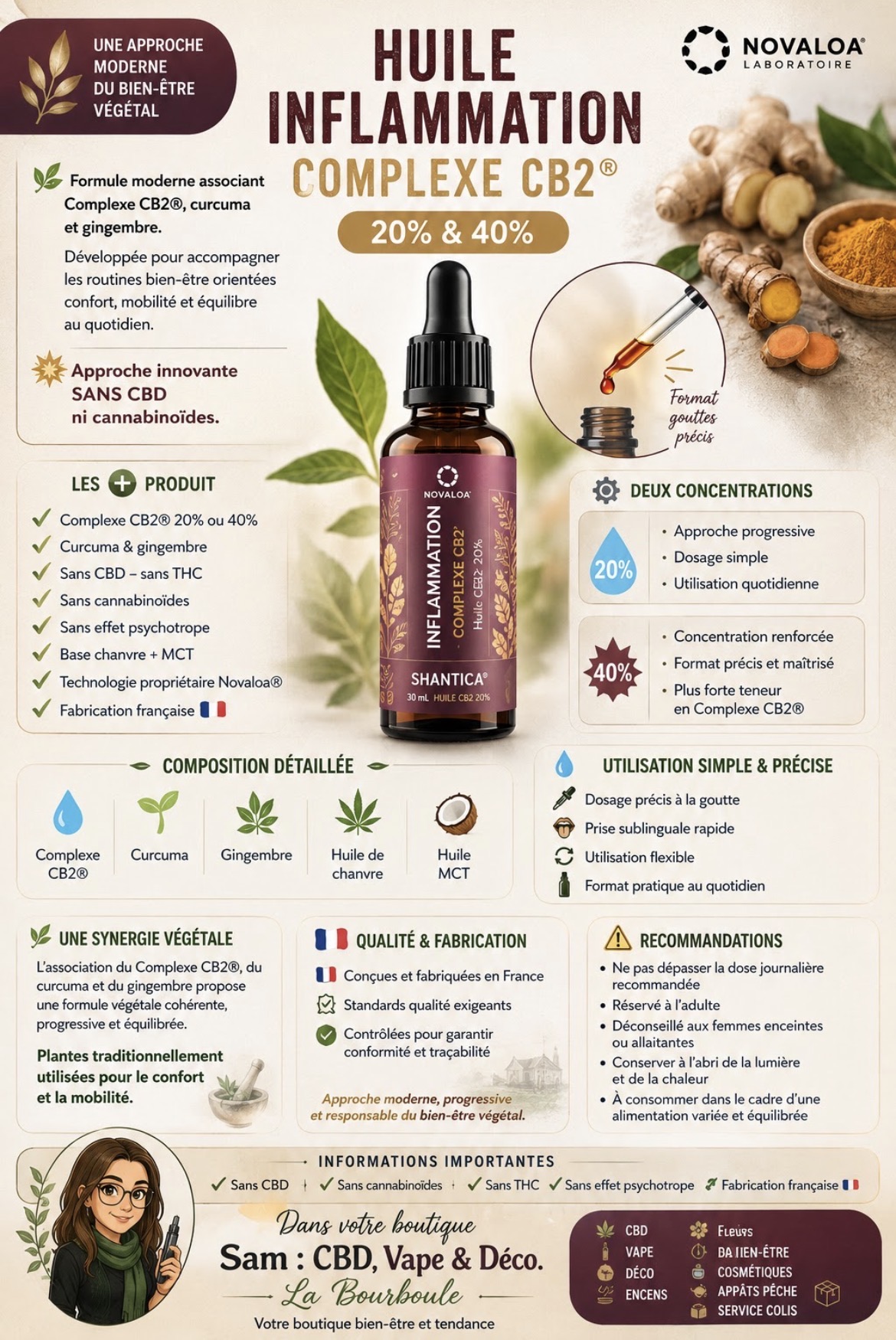 Huile Inflammation CB2 — Curcuma & gingembre · 30 ml · CBD bien-être, magasin de La Bourboule 63150