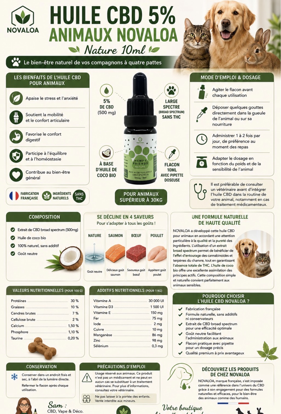 Huile CBD 5 % animaux — Novaloa · Nature 10 ml · CBD bien-être, magasin de La Bourboule 63150