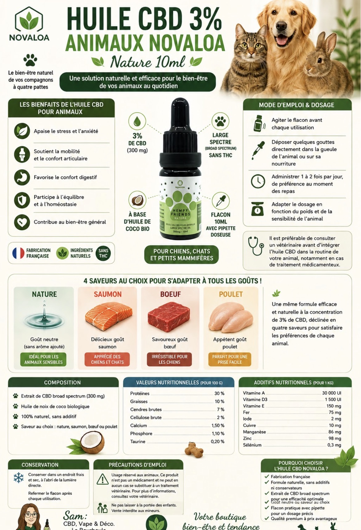 Huile CBD 3 % animaux — Novaloa · Nature 10 ml · CBD bien-être, magasin de La Bourboule 63150
