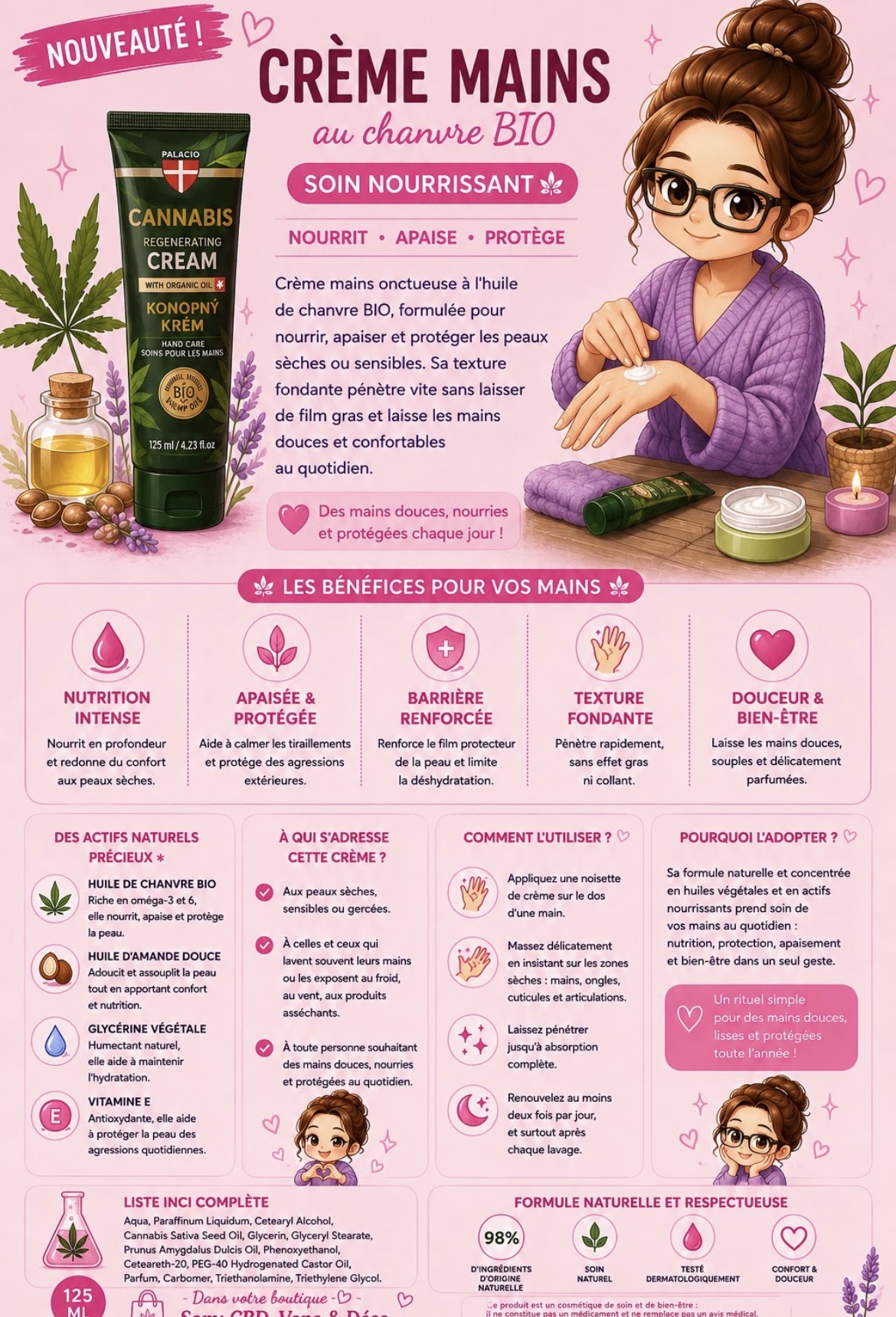 Crème Mains — Au chanvre BIO · Soin nourrissant · CBD bien-être, magasin de La Bourboule 63150